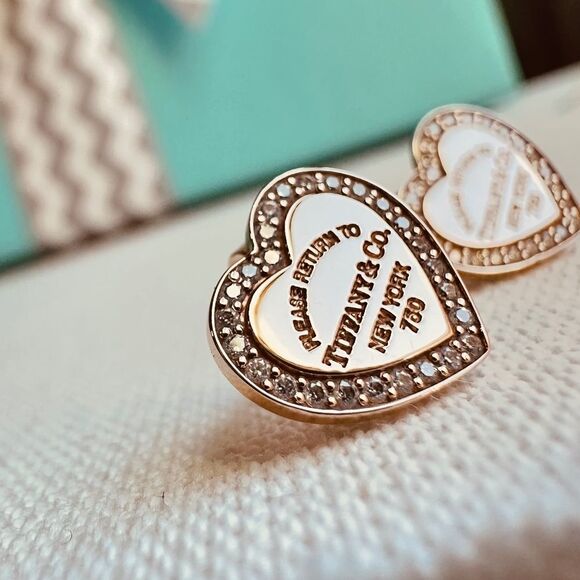 NEW Return to Tiffany Co. Mini Rose Gold Heart with Diamonds Earrings - Picture 2 of 8